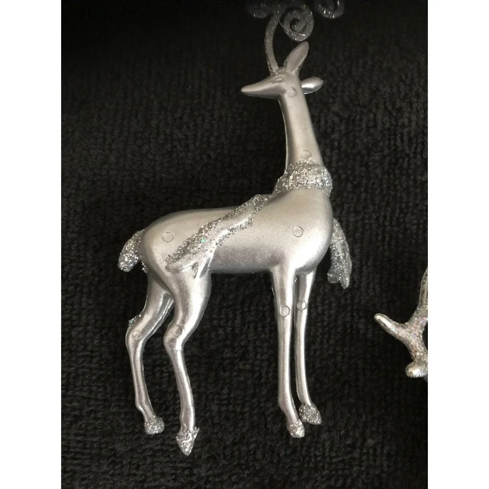 3 ~ Silver Cast Metal Reindeer Ornaments Leaping Prancing Fine Glitter READ